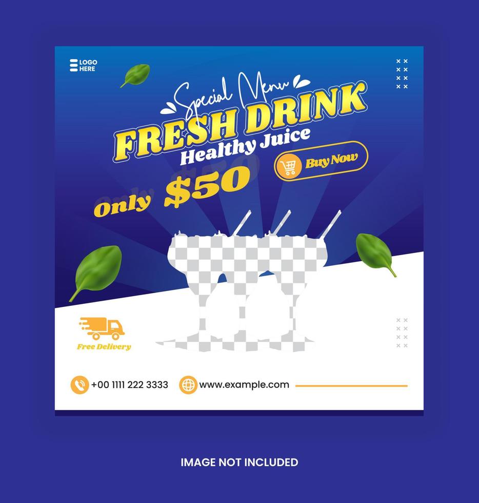post fresh drink template for  social media advertising banner with shiny blue color and leaf ornament vector