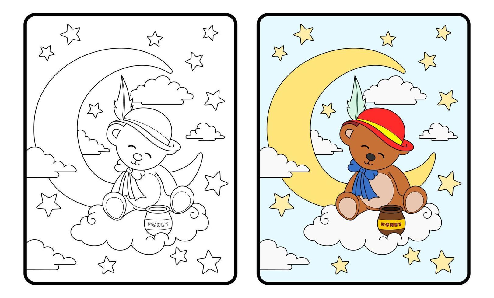 bear and moon coloring book or page, education for children vector