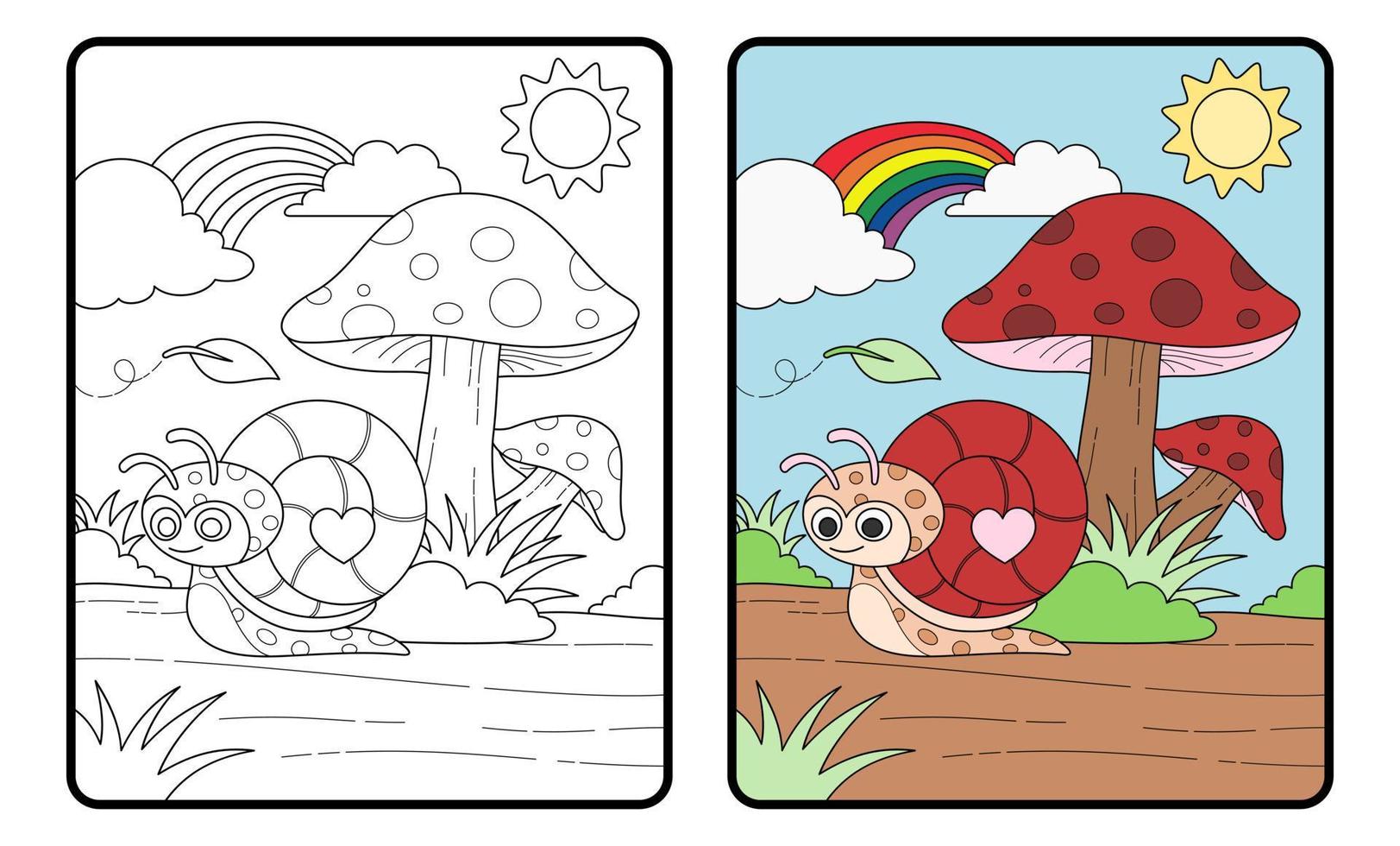 Snail and mushroom coloring book or page, education vector