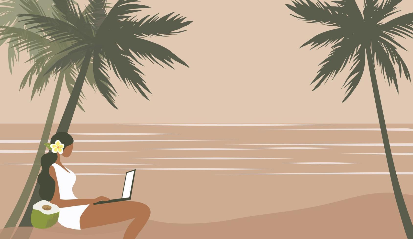 trabajo trabajando en el concepto de vacaciones. mujer que trabaja en la computadora portátil en la ilustración de vector de vacaciones de verano en la playa