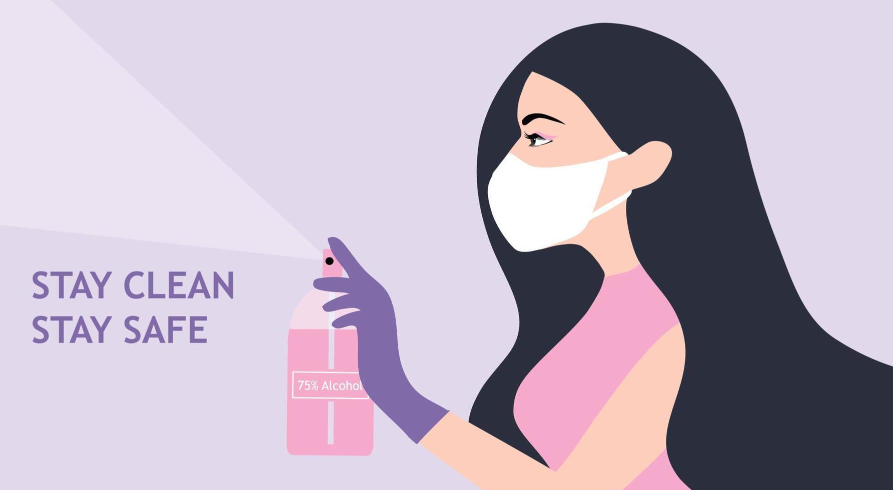 Woman applying alcohol sanitizing spray to protect  COVID-19 coronavirus spread outbreak vector illustration. New normal concept