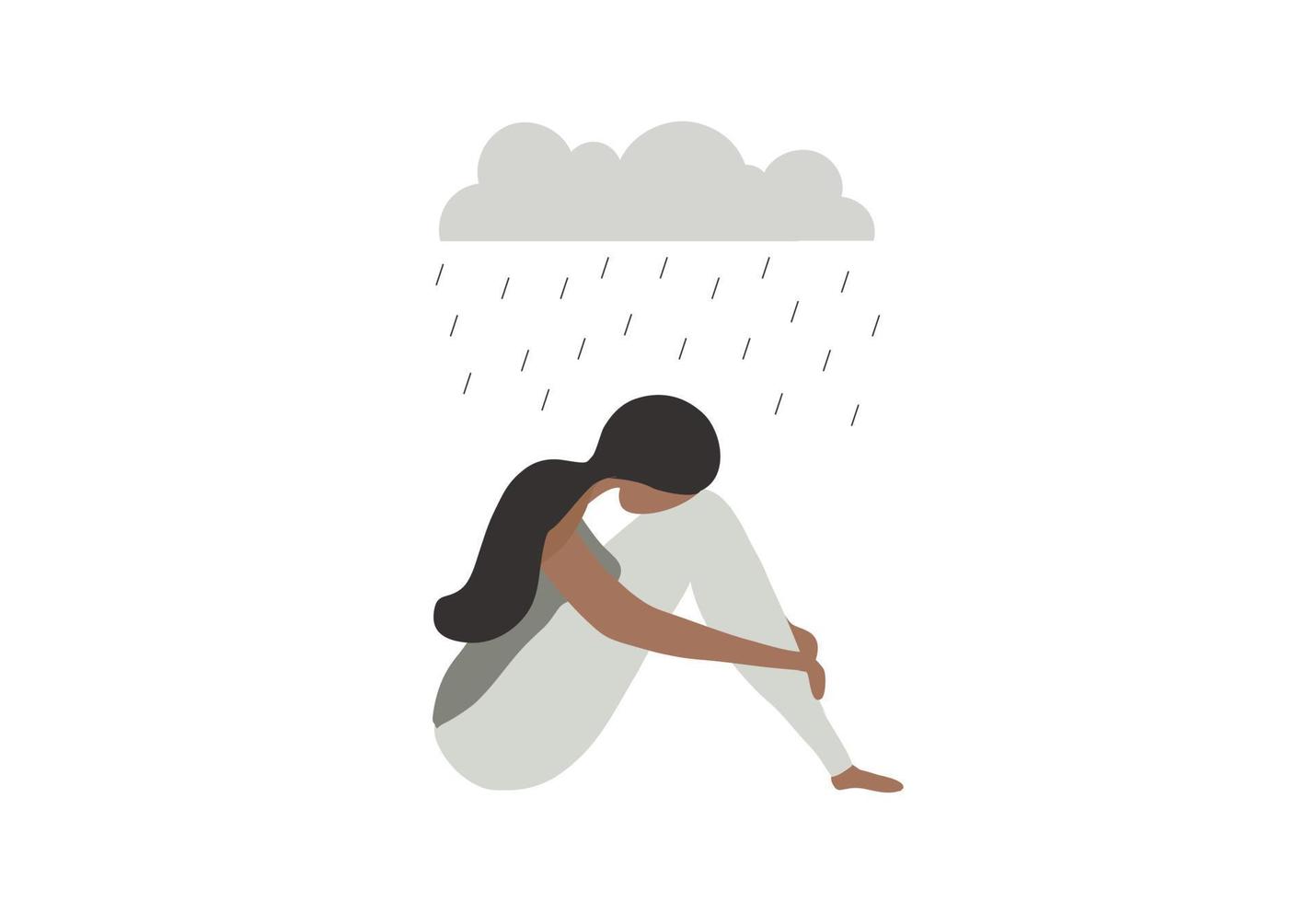 mujer joven triste e infeliz sentada bajo la ilustración del vector de la nube de lluvia. infeliz y estresado, psicología, salud mental, concepto de depresión