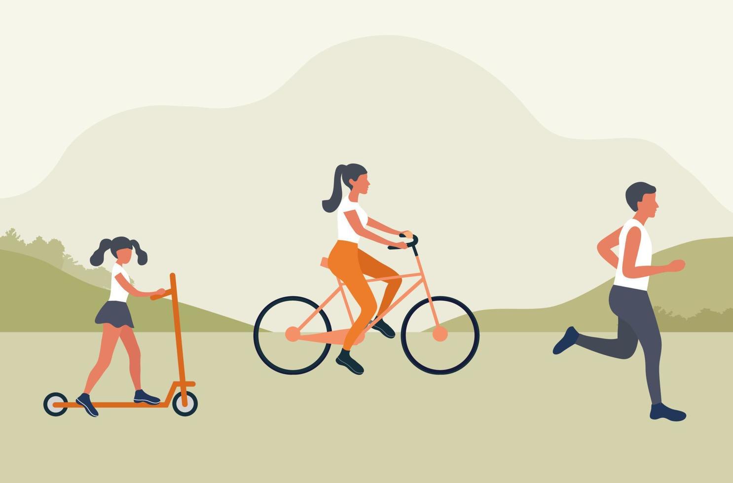 Healthy family exercise in the park, running and biking healthy lifestyle and family sport activity concept vector illustration