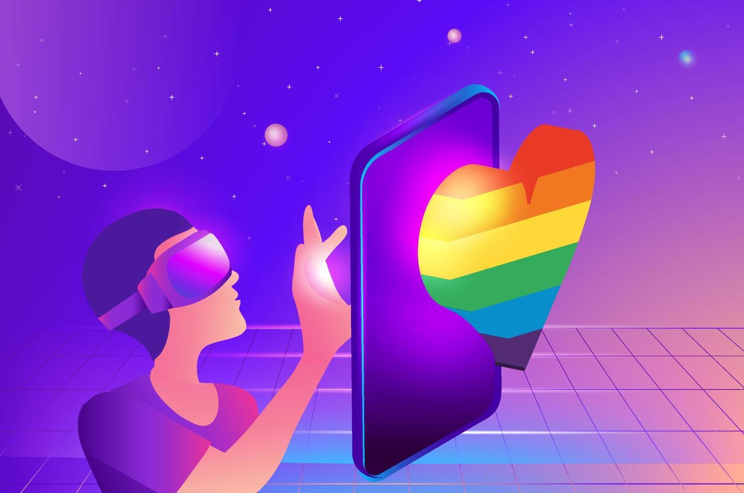 Man wearing virtual reality goggle glass, having 3d experience in LGBTQ rainbow heart community virtual reality vector illustration. Metaverse and blockchain 3D experience technology concept