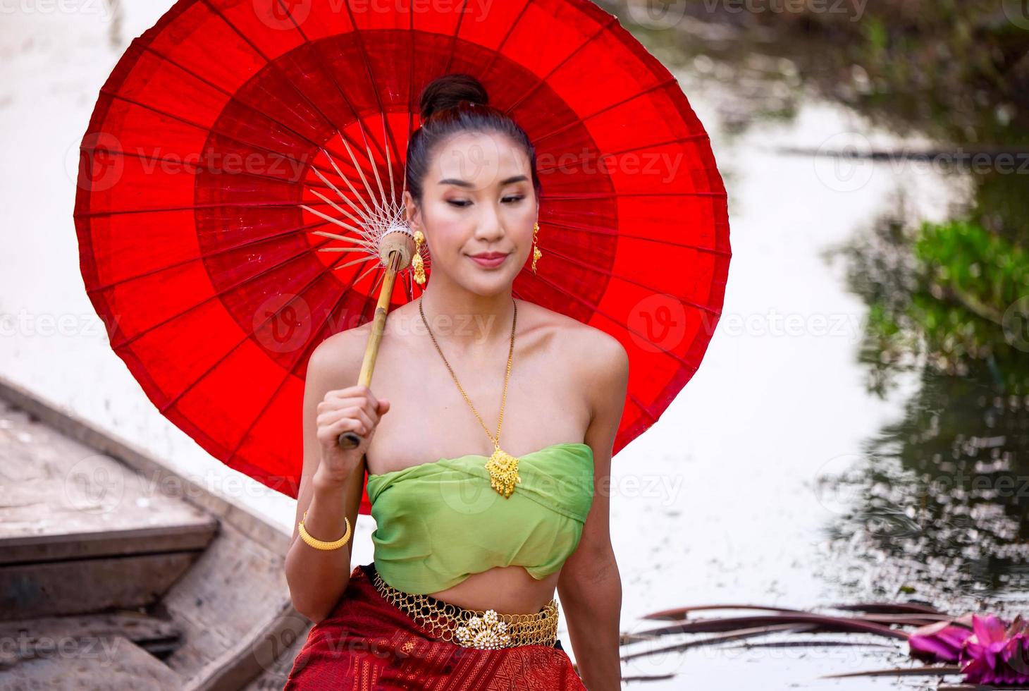 Asia woman wearing traditional Thai dress,The costume of the national dress of ancient Thailand. photo