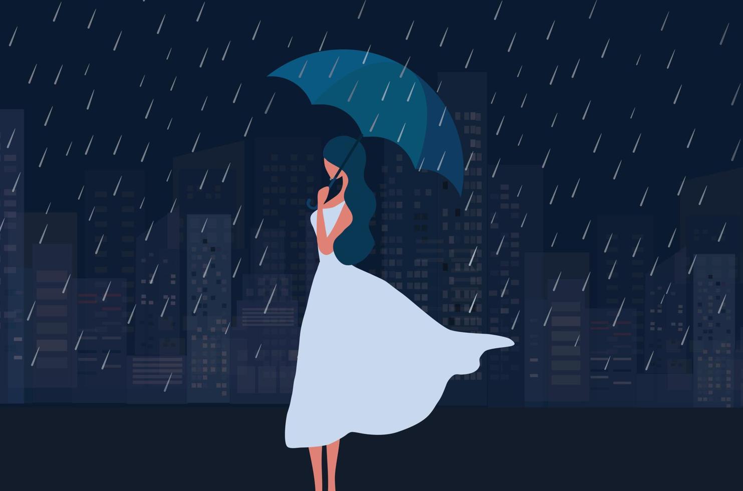 Woman holding umbrella in raining dark night. Raining, autumn, loneliness, depression concept background vector