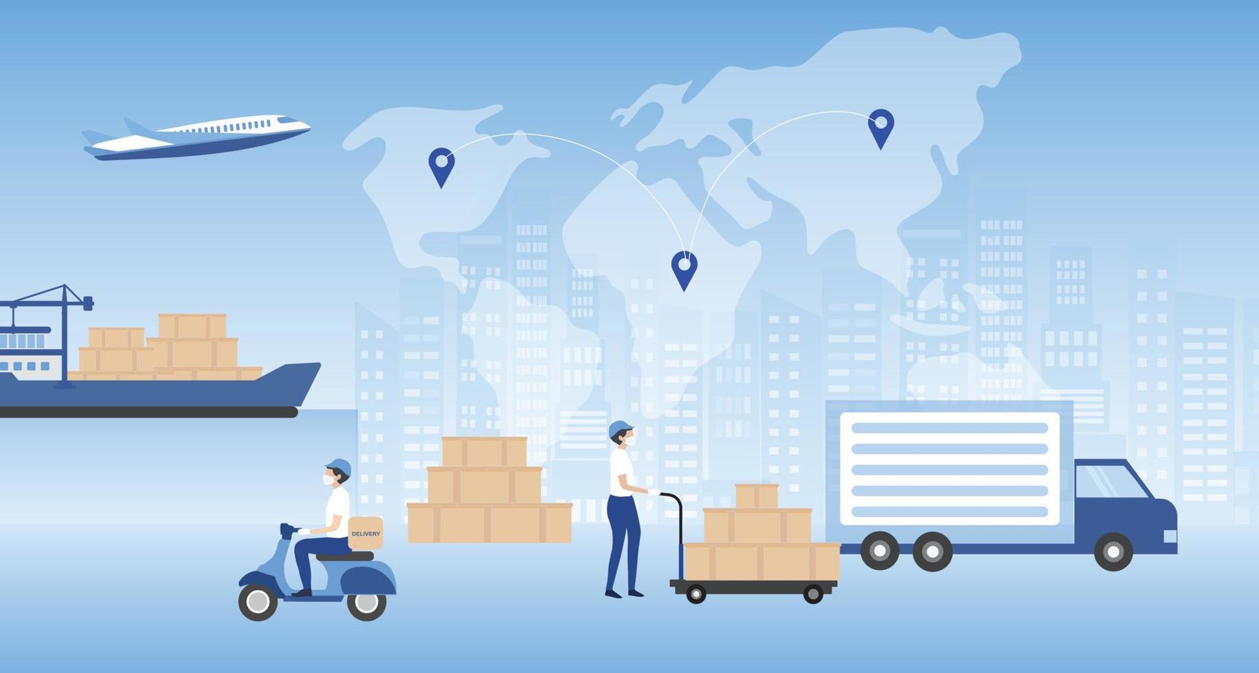 Global logistics distribution network. Export, import, warehouse business, transportation. Business logistics, Shipping delivery  by truck, plane, motorbike vector illustration