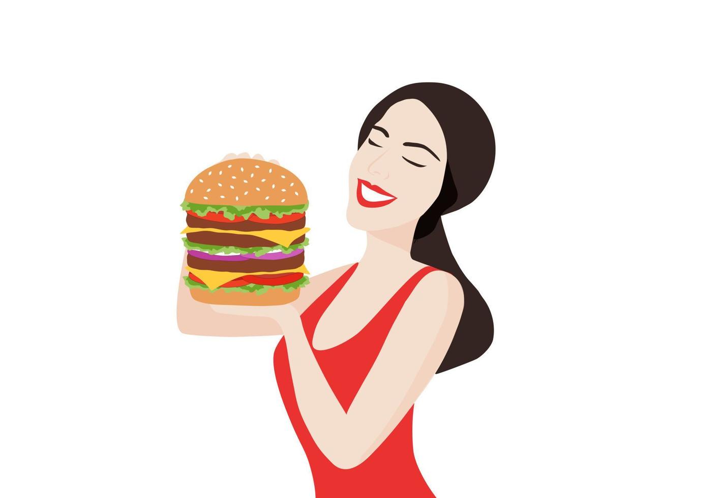 mujer sosteniendo hamburguesa aislada sobre fondo blanco ilustración vectorial vector