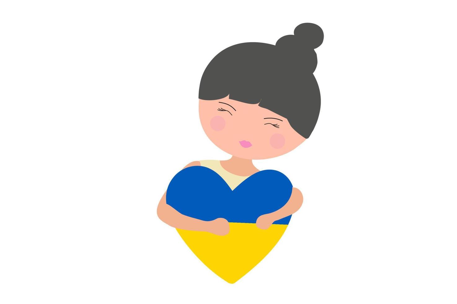 Cute girl hugs  heart with color flag  Ukraine. Pray for Ukraine and stop war vector illustration
