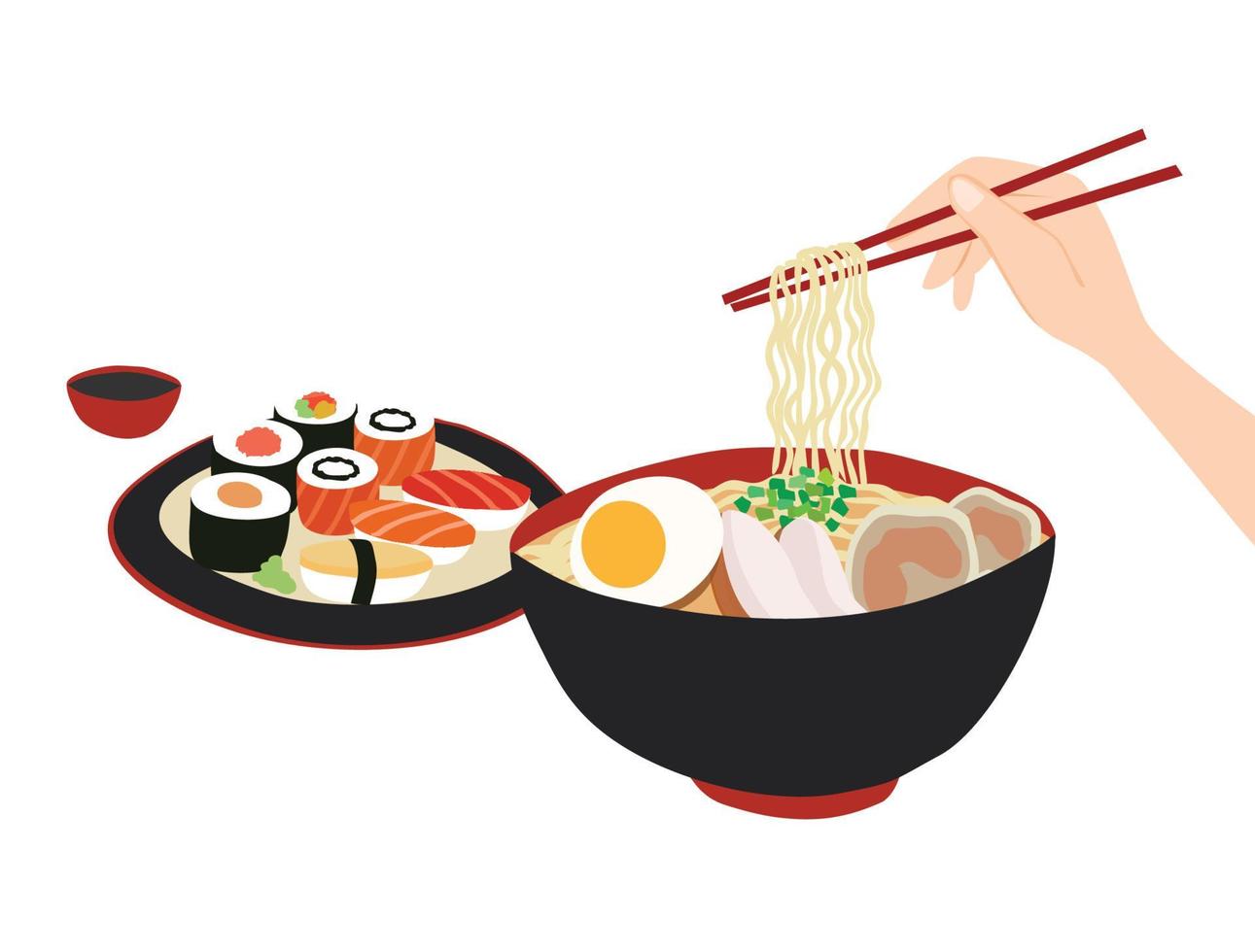 Sushi de comida japonesa y tazón de fideos ilustración vectorial vector