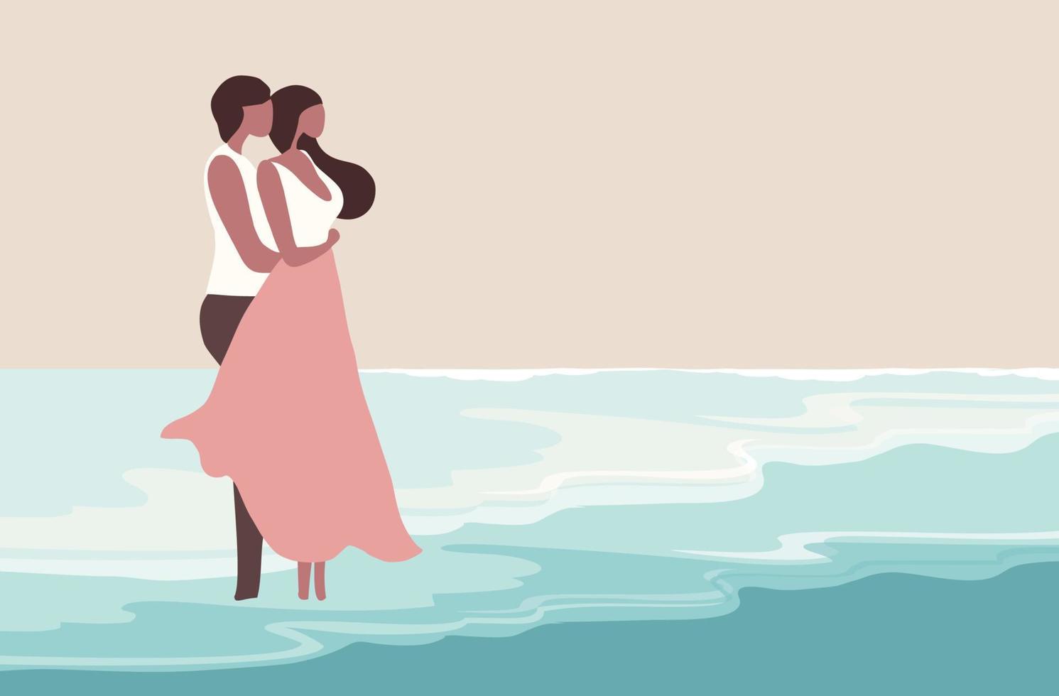 Embracing couple standing on the beach vector illustration. Love, romance, valentine, honeymoon and wedding concept