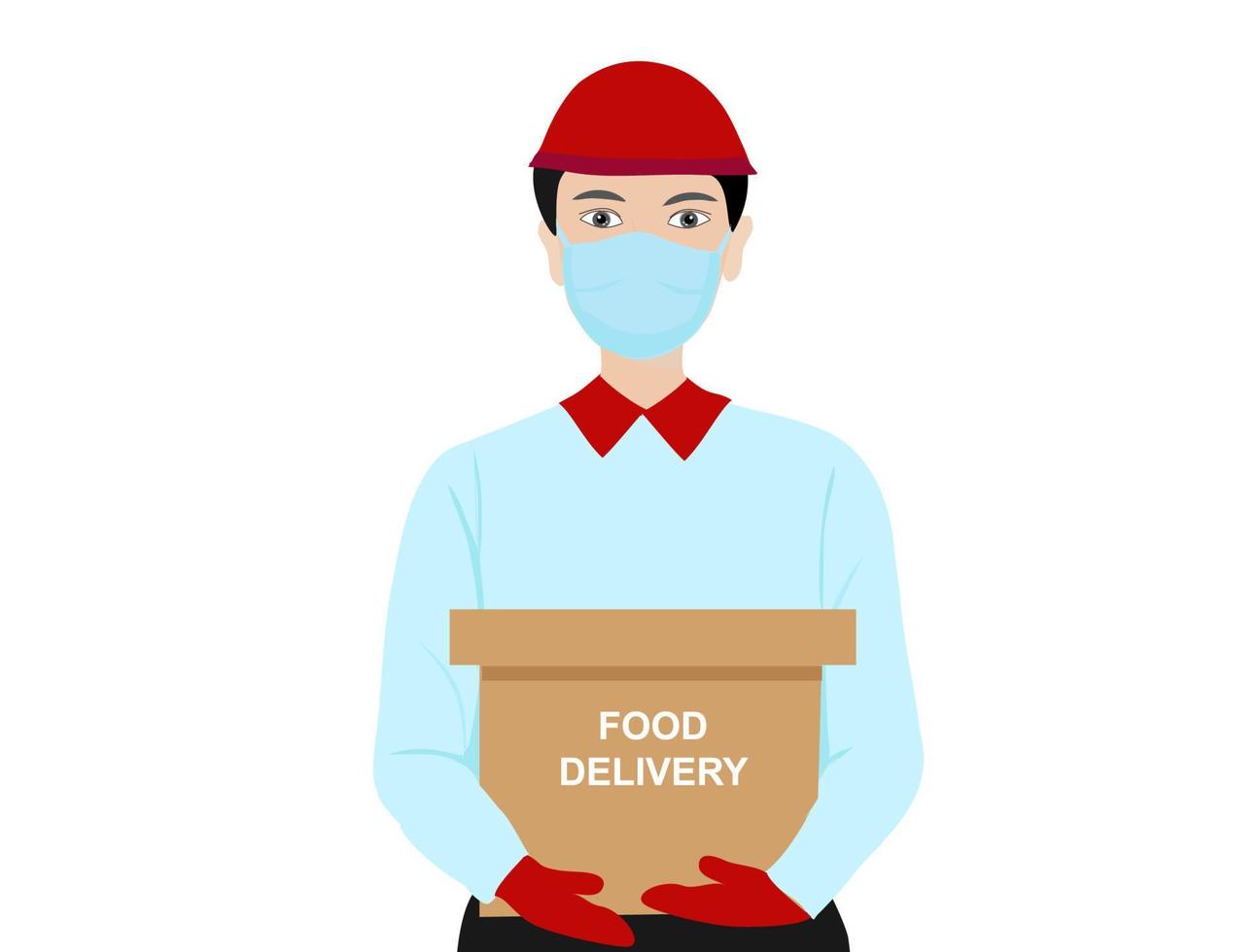 A young man delivery wearing face mask with food box for deliver to customer vector illustration. Delivery service and online shopping concept