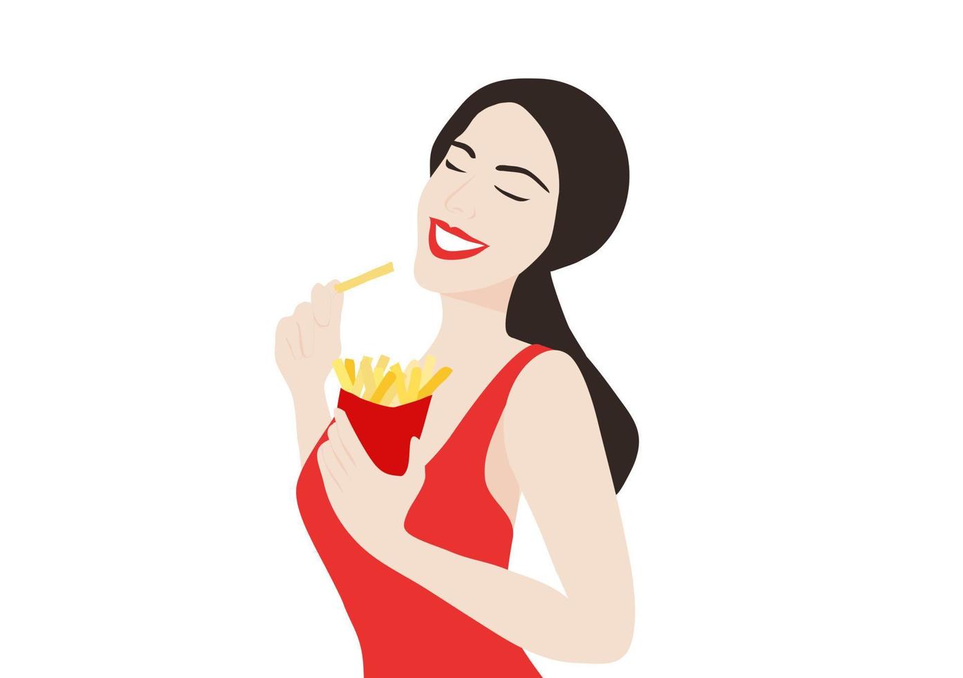 mujer comiendo papas fritas ilustración vectorial aislada vector