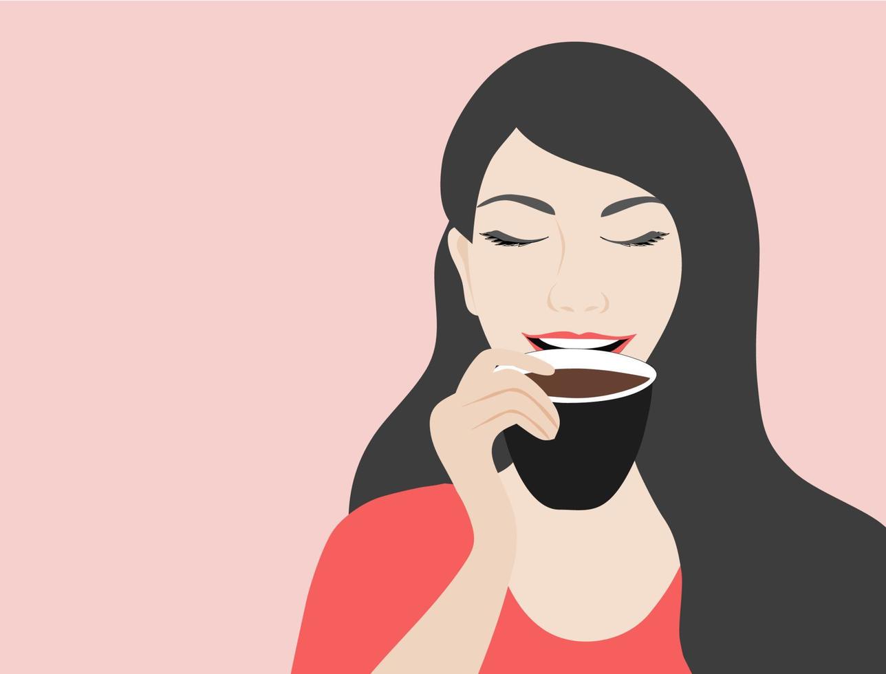 Woman drinking hot coffee in morning vector illustration