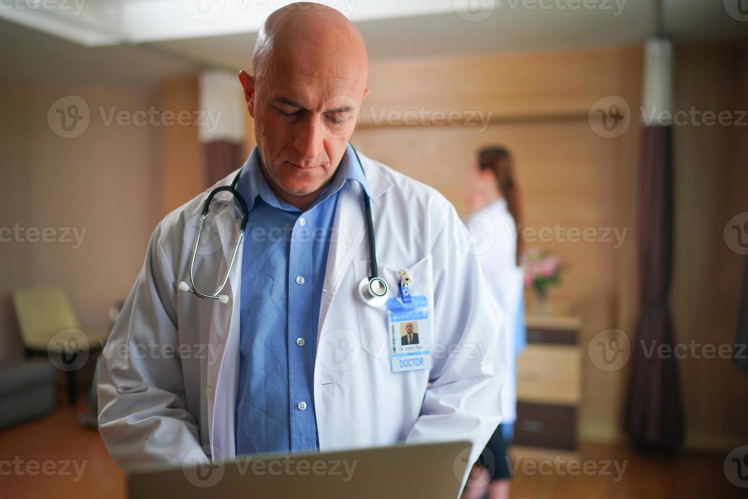 International doctor team. Hospital medical staff. Mixed race Asian and Caucasian doctor and nurse meeting. Clinic and stethoscope. photo