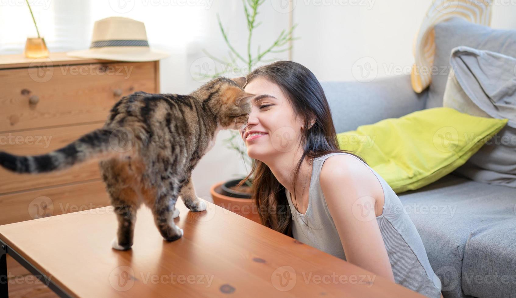 smiling young woman playing with cat in room. photo