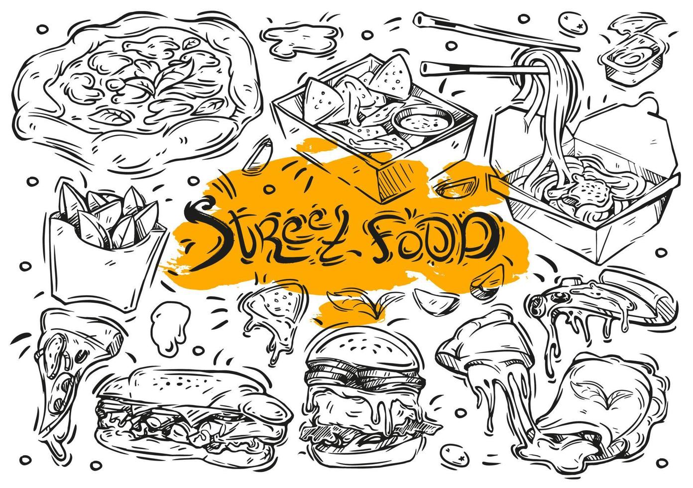 ilustración de línea vectorial dibujada a mano sobre fondo blanco. menú de comida callejera de colección de garabatos, hamburguesa, sándwich, fideos, pizza, nachos, gajos de patata, calzone, salsa vector