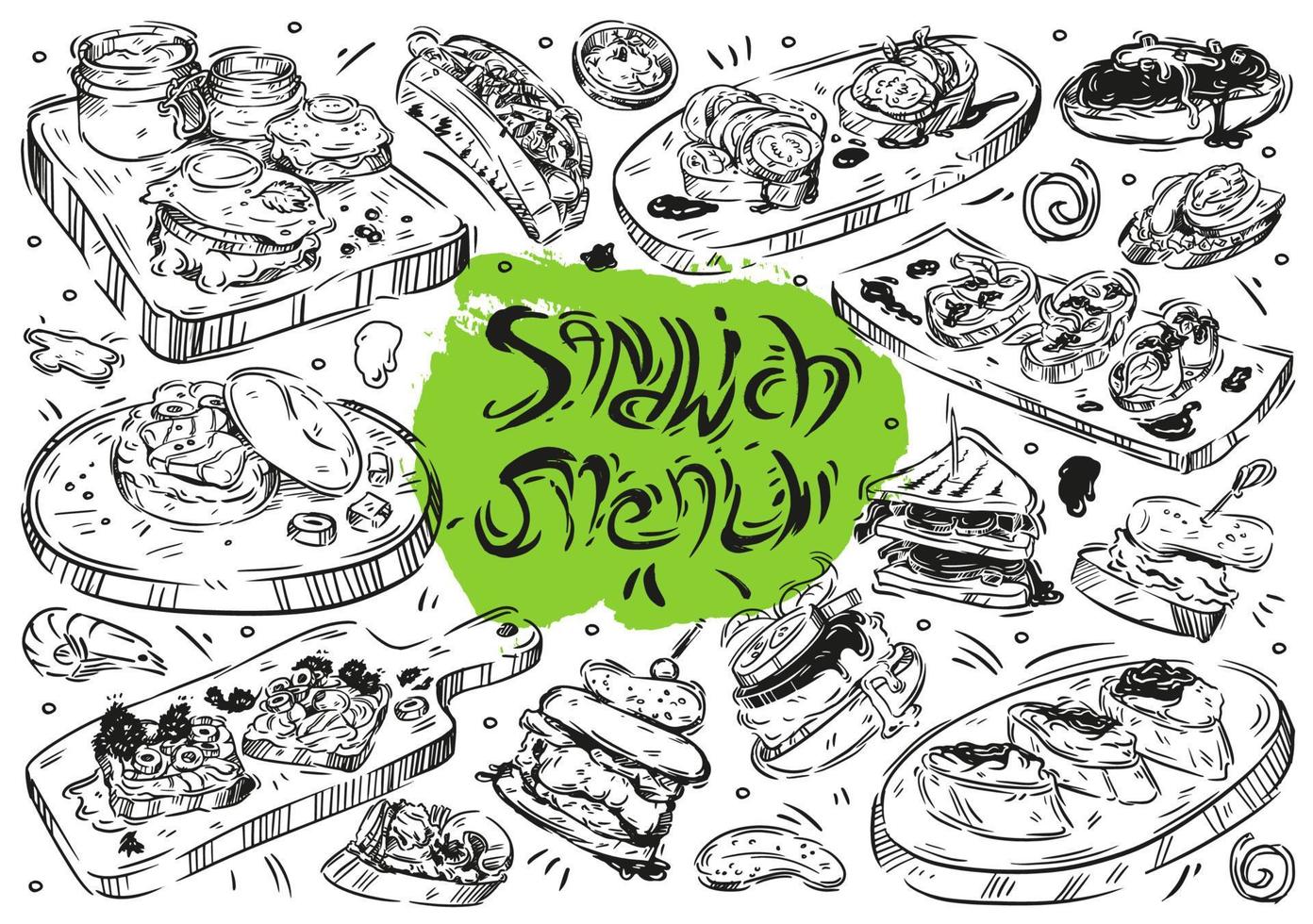 comida de ilustración vectorial de línea dibujada a mano sobre fondo blanco. menú de sándwiches, sándwiches, bruschetta, crostini, hamburguesa vector