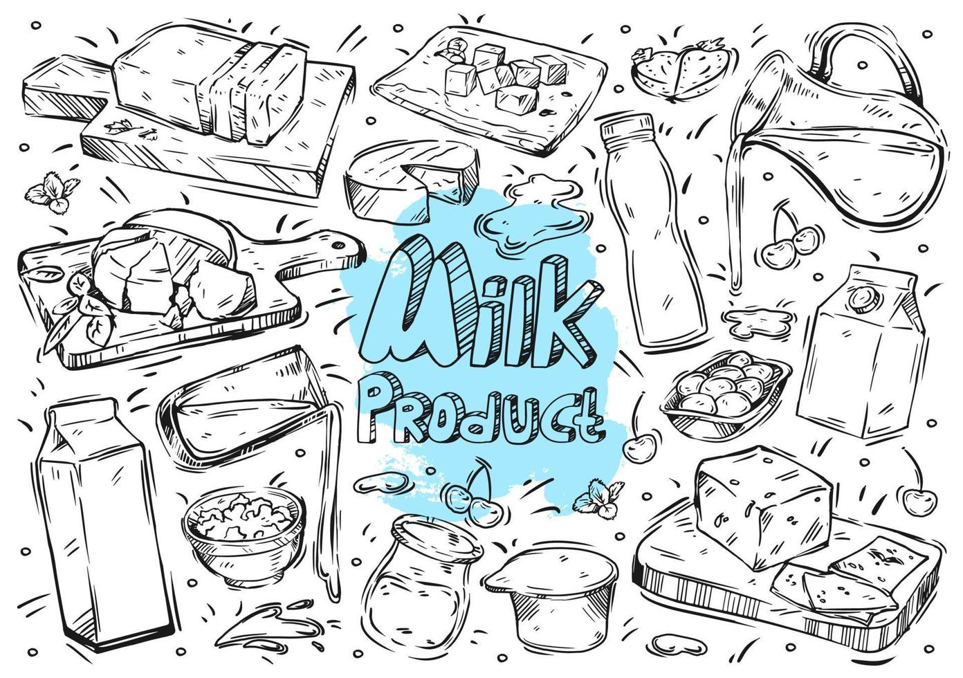 comida y bebida de ilustración de línea vectorial dibujada a mano. producto lácteo garabato, leche, yogur, queso, mantequilla, requesón, suero, ingredientes, kéfir, embalaje vector