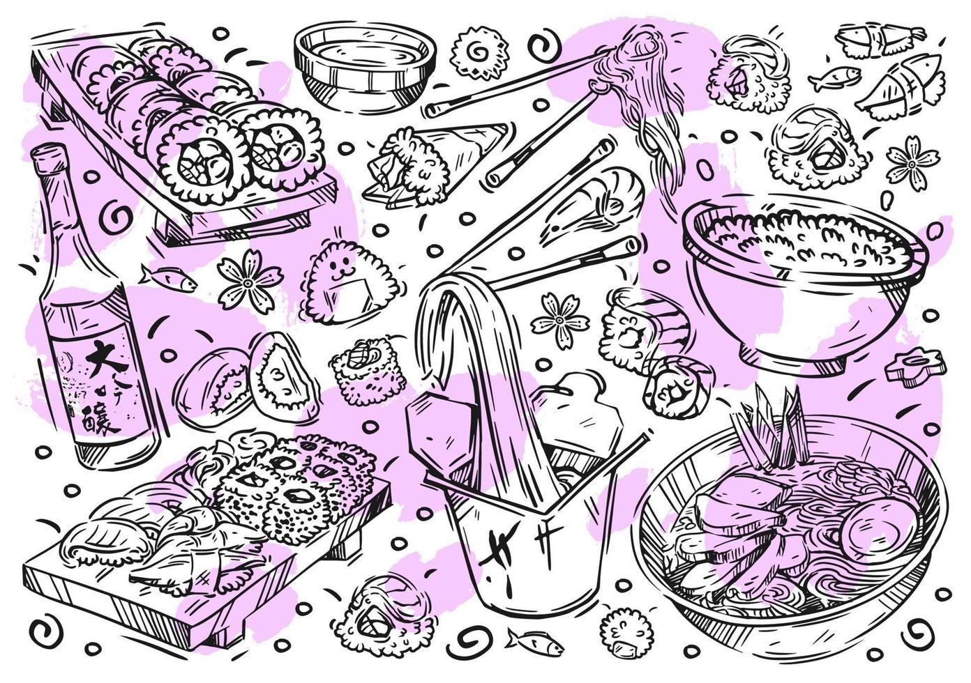 comida de ilustración de línea vectorial dibujada a mano en pizarra blanca. doodle cocina japonesa, rollos, sushi, nigiri, tallarines, udon, arroz, salsa de soja, onigiri, sashimi, wagashi, tofu, pescado, bento, postres, mochi vector