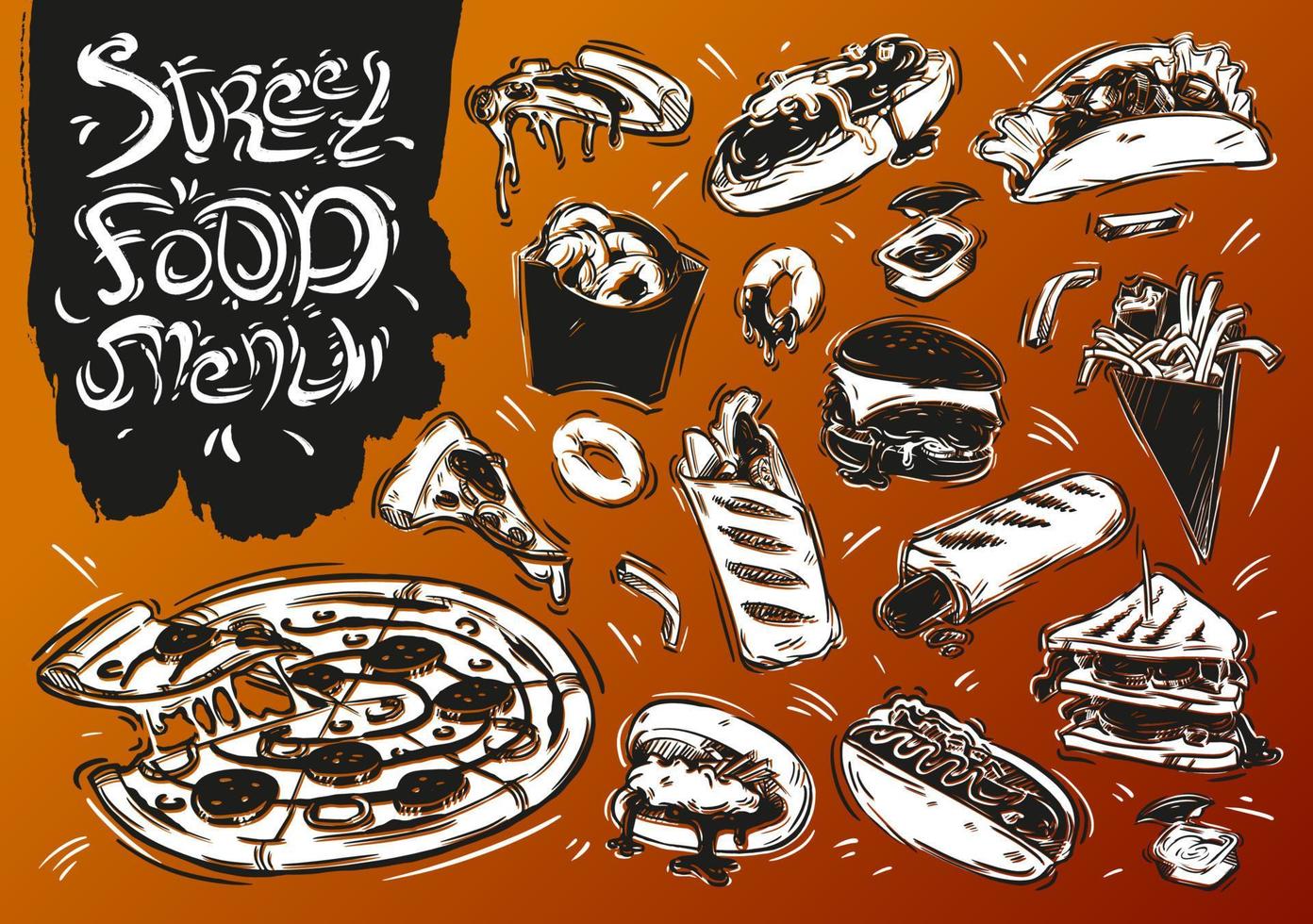 ilustración vectorial dibujada a mano. doodle menú de comida callejera, hamburguesa, emparedado, papas fritas, hot dog francés, salsa, pizza, papas, bao, aros de cebolla, shawarma vector