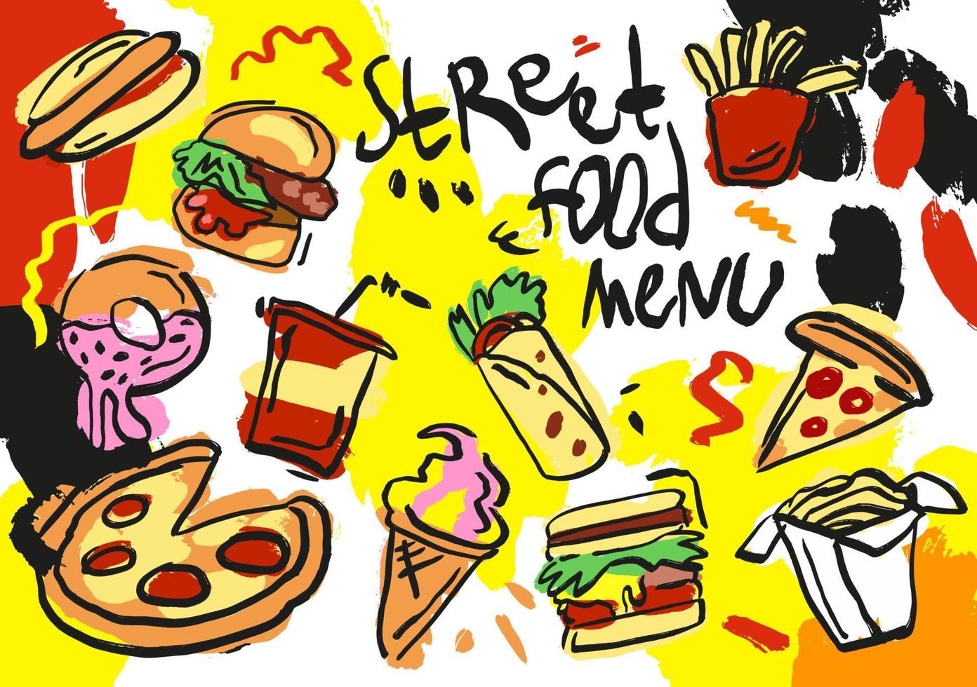 Set of hand drawn isolated on white and color background, doodle of street food menu. Colored vector illustration, burger, french fries, hot-dog, pizza, soda, ice-cream, noodles, shawarma, donut