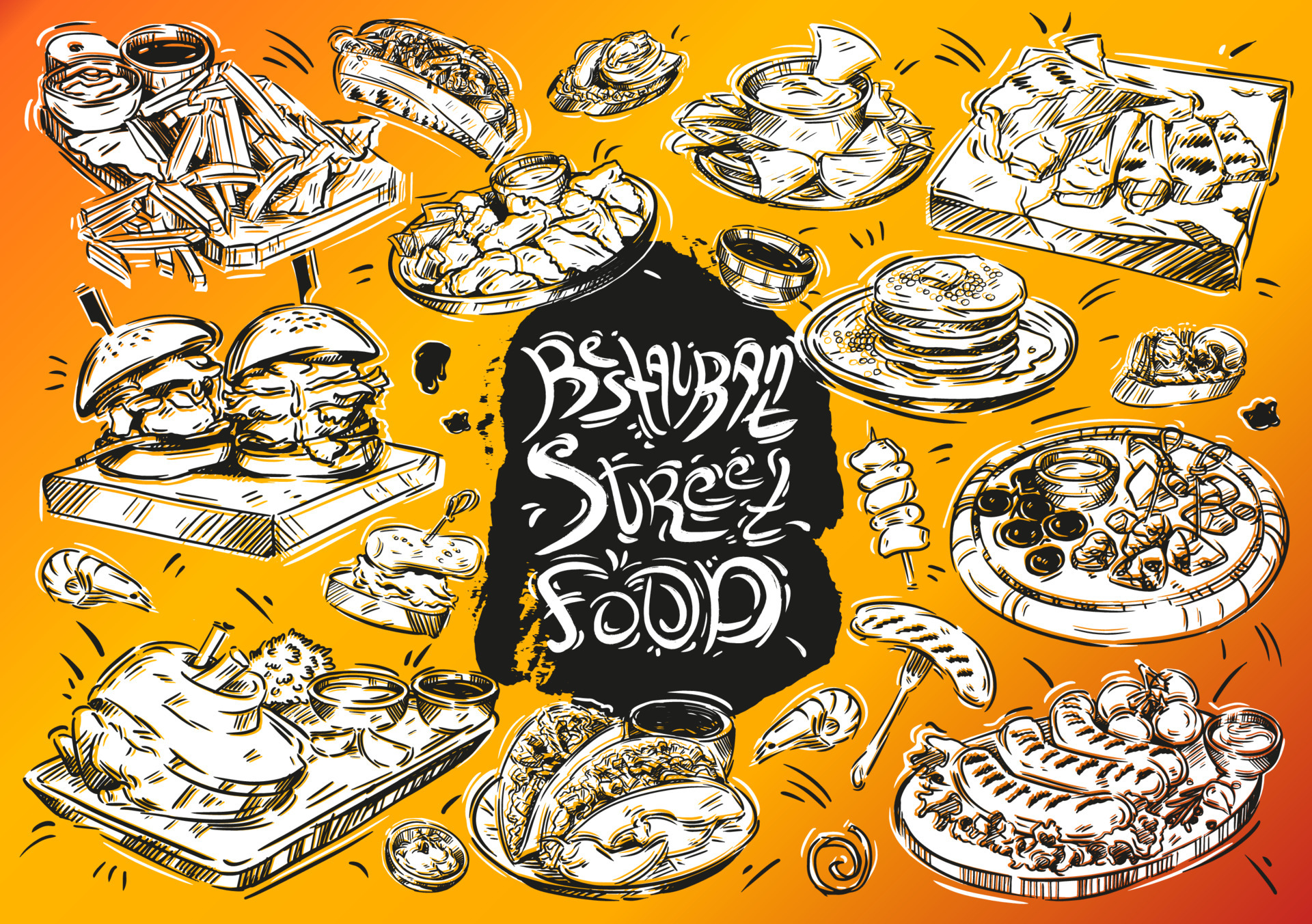 Hand drawn vector illustration on color background. Restaurant street