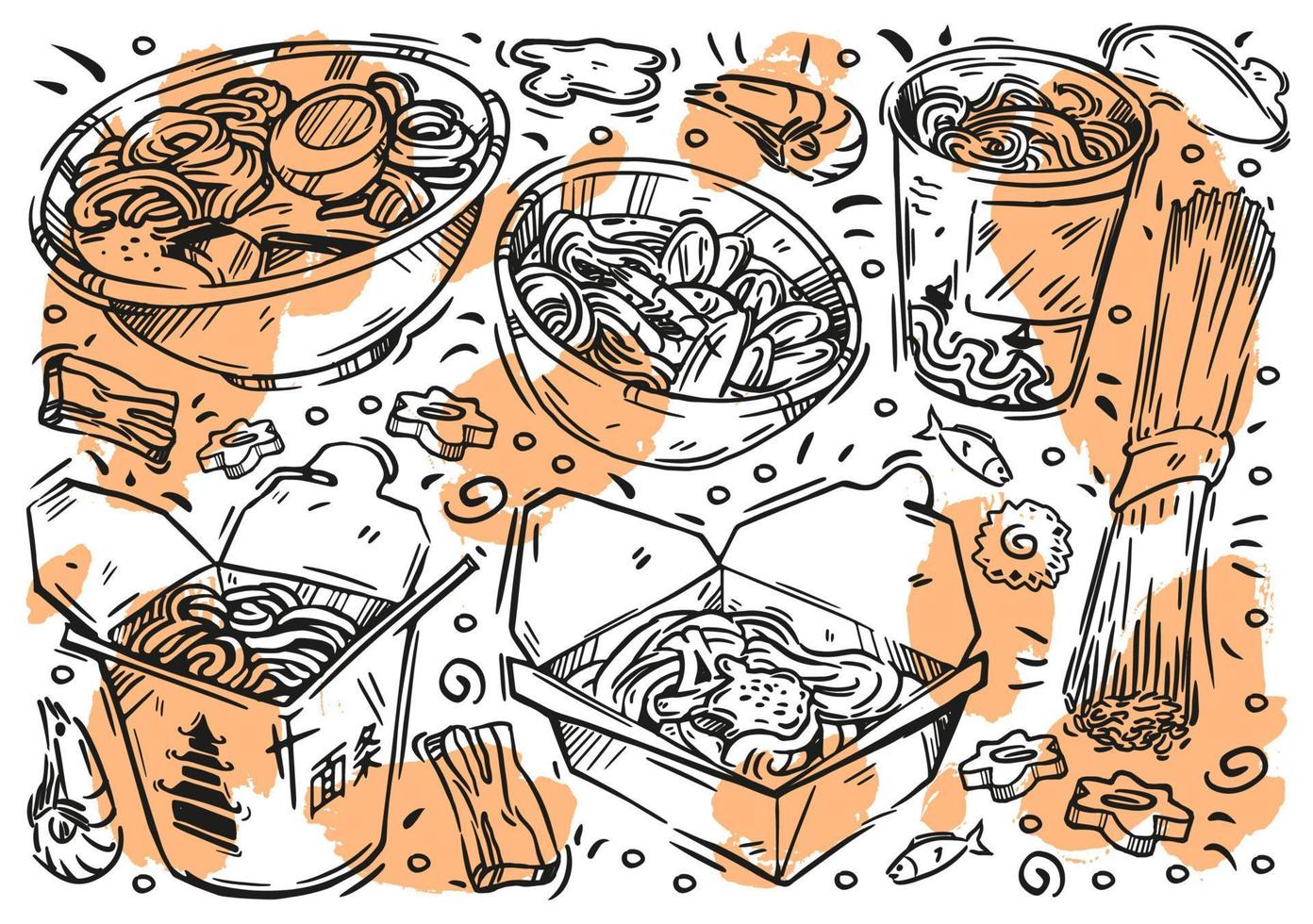 ilustración de vector de línea dibujada a mano en pizarra blanca. bocetos de comida. garabatear tipos de fideos, soba, funchose, udon, ramen, wok, pasta, ingredientes