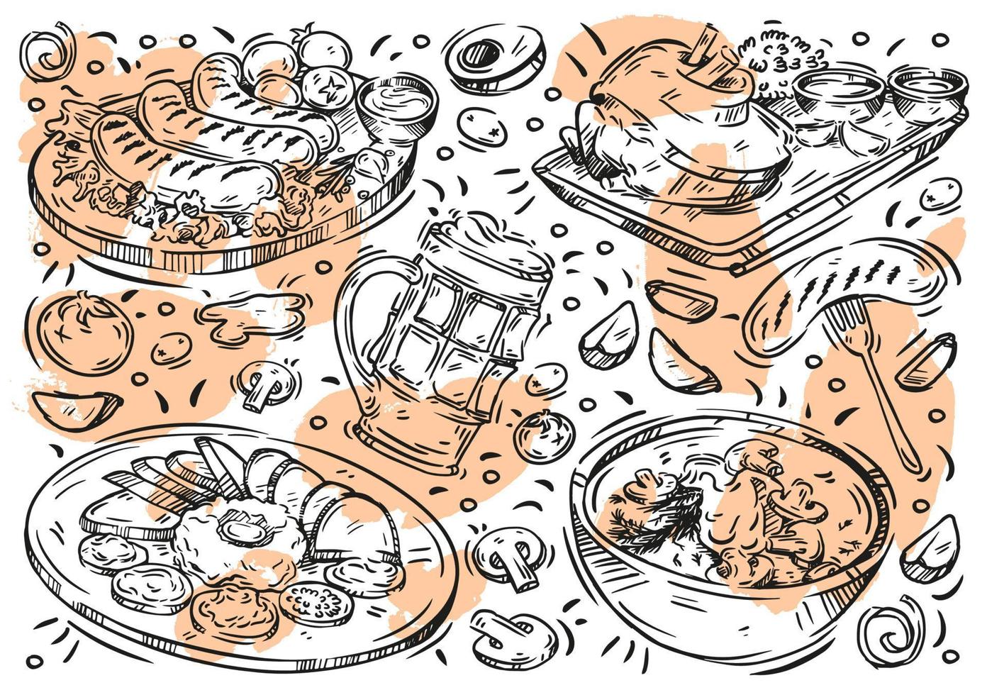 Hand drawn line vector illustration on white background. Doodle Czech cuisine, food, beer, meat, sausages, drumstick, Tatar steak, cream soup with mushrooms, tomatoes