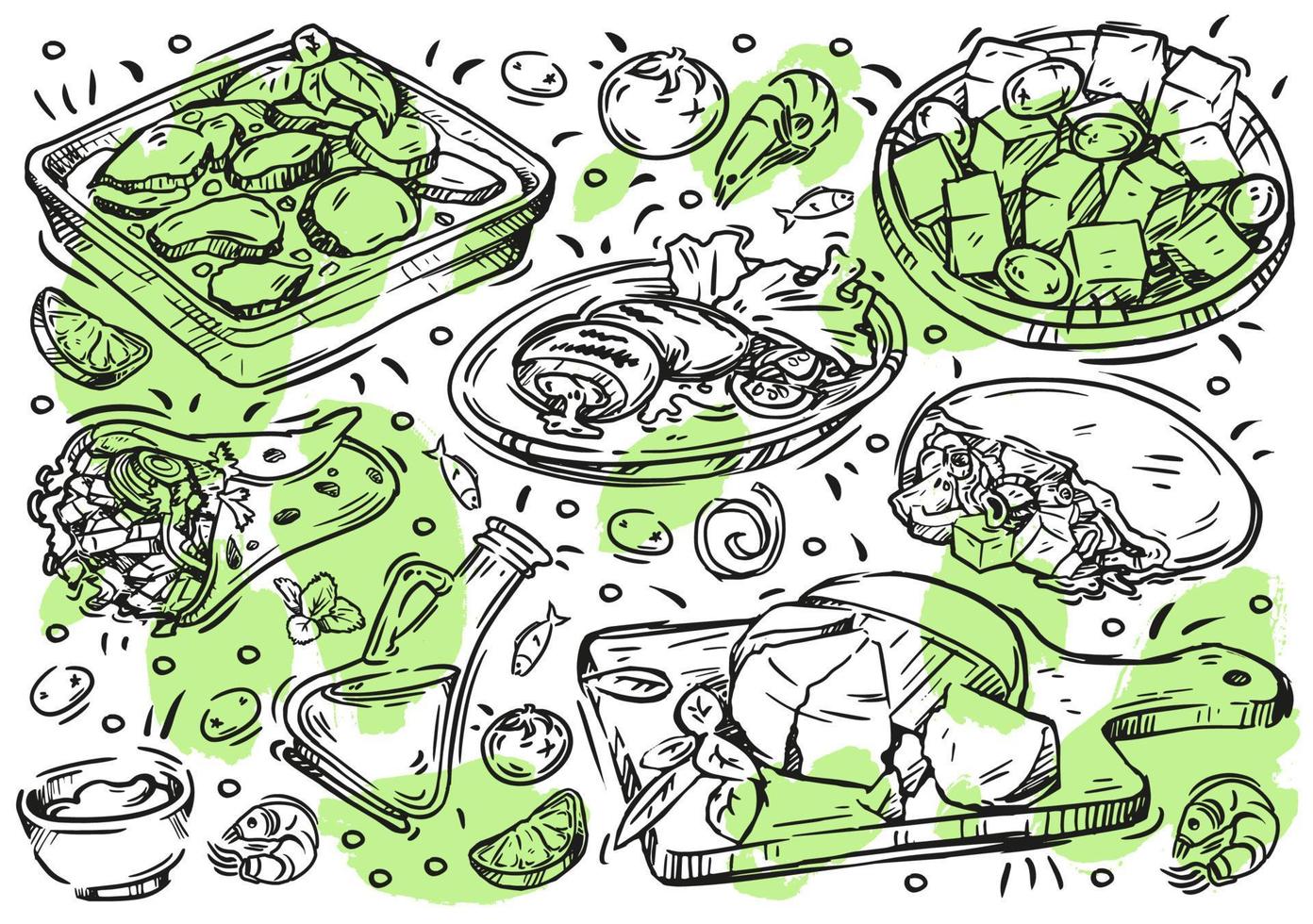 Hand drawn line vector illustration food. Doodle Greek cuisine on white board, olives and olive oil, moussaka, grilled meat, gyros, souvlaki, hummus, cheese, greek salad, sauce