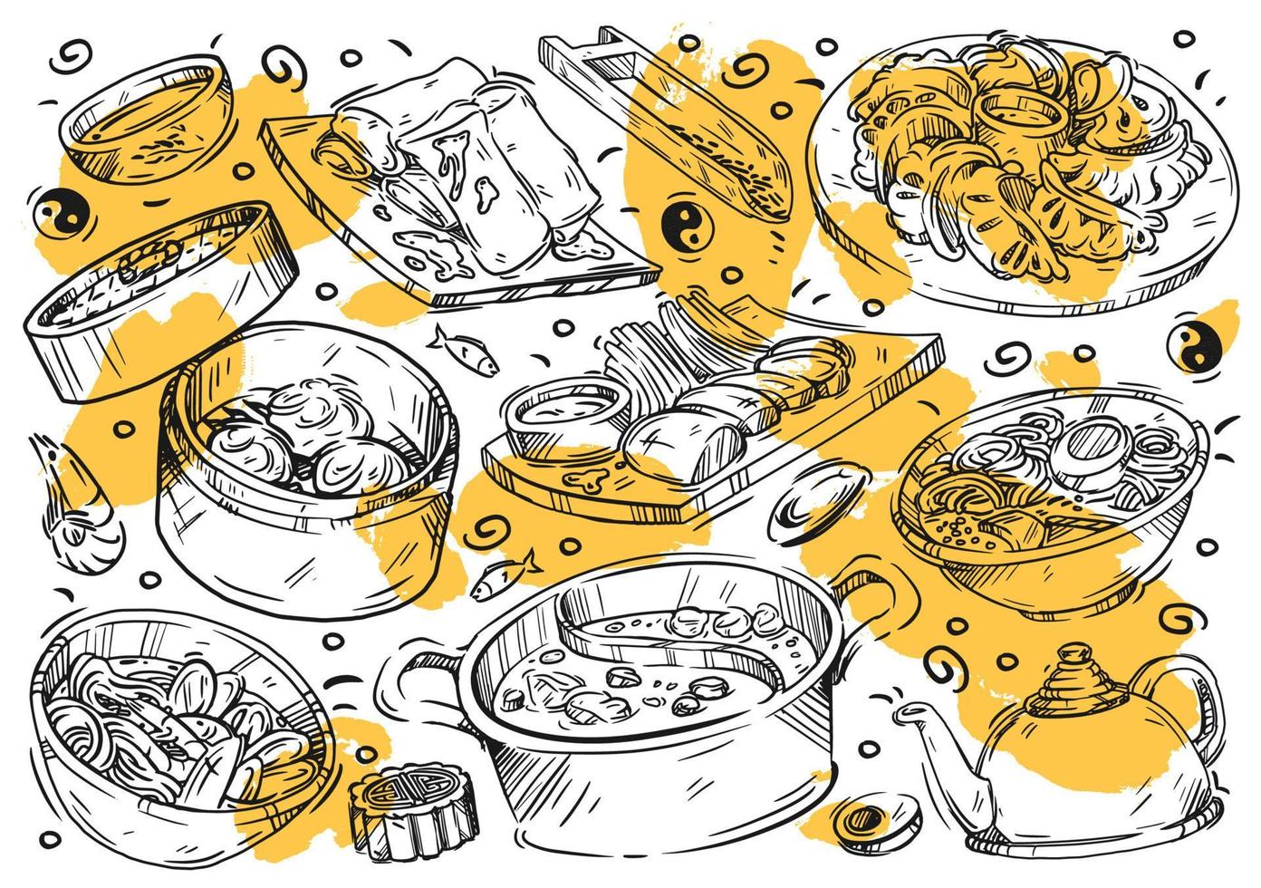 Hand drawn vector line illustration food. Doodle Chinese cuisine, spring rolls, tom yum soup, ramen, har gow dumplings, soy sauce, green tea, yue bing, hotpot, noodles, bao, rice, peking duck meat