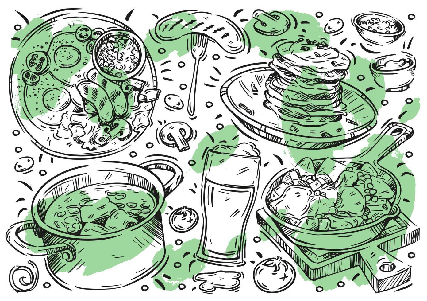 Hand drawn line vector illustration food on white background. Doodle Irish cuisine, beer, pancakes, sausages, eggs, stew, soup, grill meat, tomato