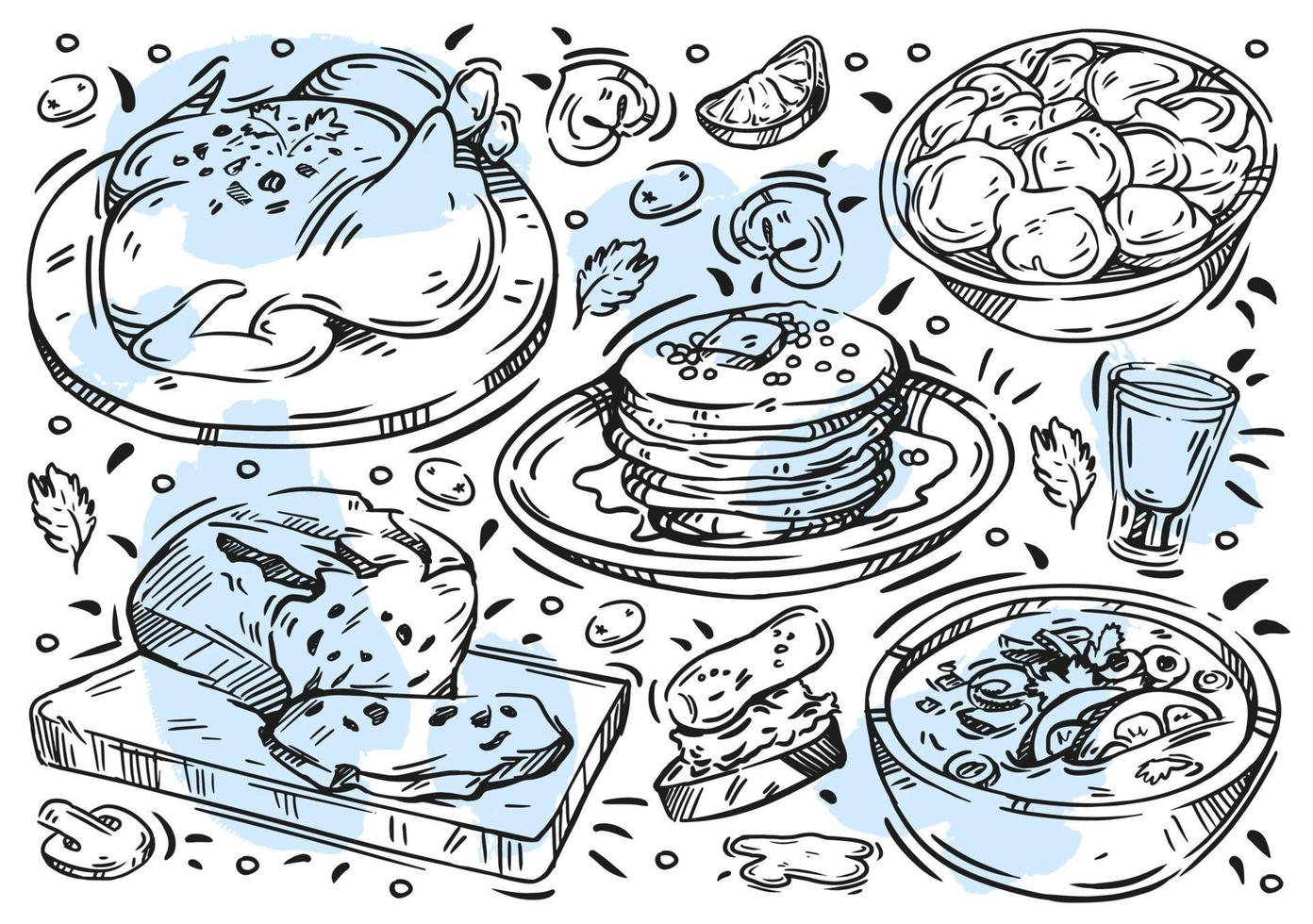 Hand drawn line vector illustration food. Doodle Russian cuisine, soup, meat, chicken, cucumbers, pancakes, bread