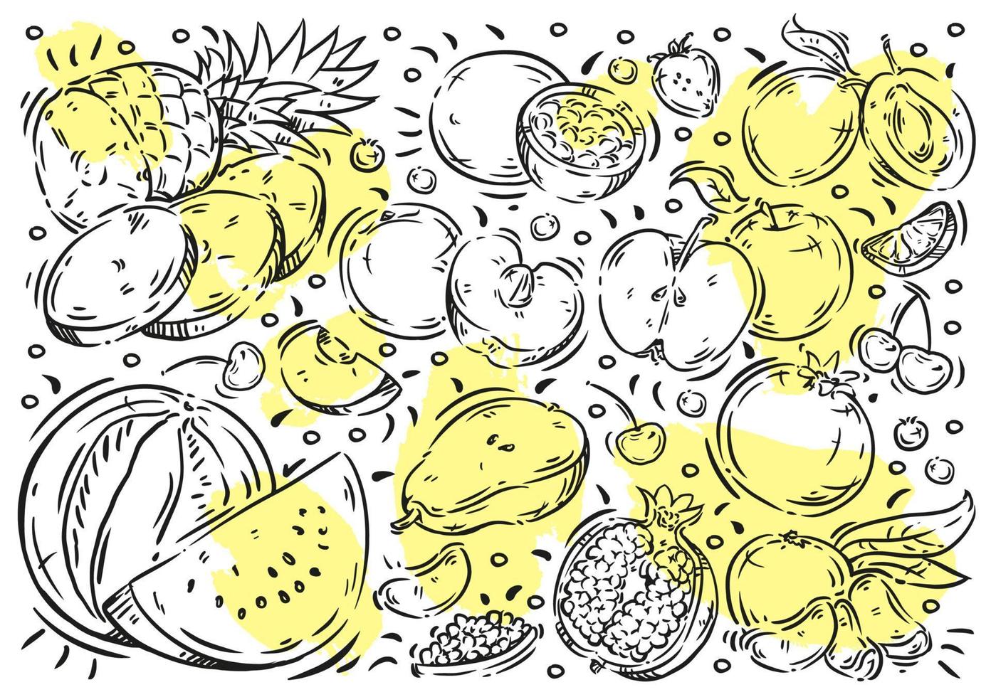 Hand drawn vector illustration food. Doodle line exotic fruits and berries, watermelon, pineapple, passion fruit, plum, strawberry, peach, apple, pear, cherry, blueberry, pomegranate, tangerine