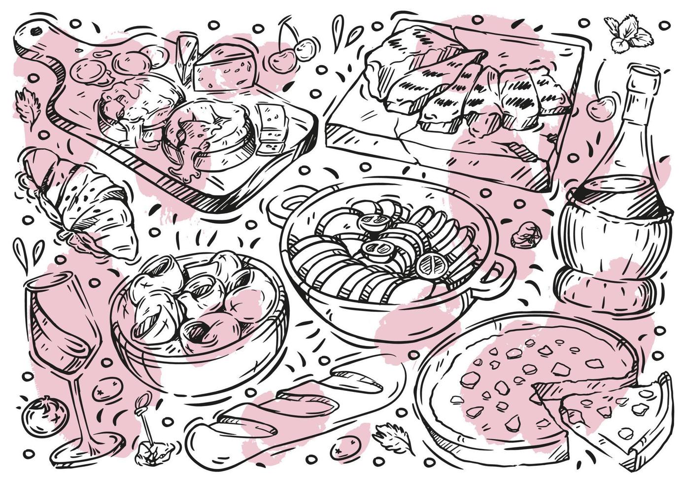 Hand drawn line vector illustration food on white board. Doodle French cuisine, ratatouille, blue cheese, wine, baguette, pie, snails, croissant, grill meat