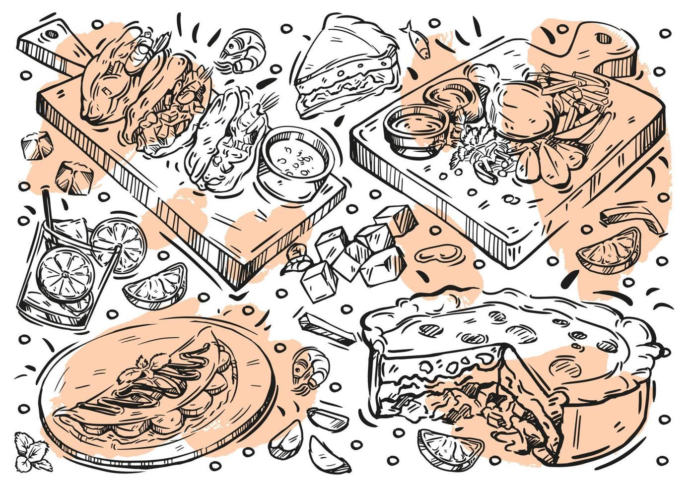 Hand drawn line vector illustration food. Doodle Brazilian cuisine, barbecued meat, vinagrette salsa, fish stew, black-eyed peas fritters, chicken pie, caipirinha drink, pancakes with banana