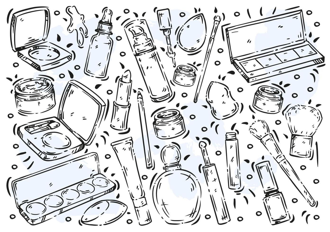 Cosméticos de ilustración de línea vectorial de garabato, polvo, esmalte de uñas, base, sombra de ojos, relleno, brillo, lápiz labial, máscara, pinceles de maquillaje, esponja, rubor, perfume. accesorios cosméticos para maquillaje vector