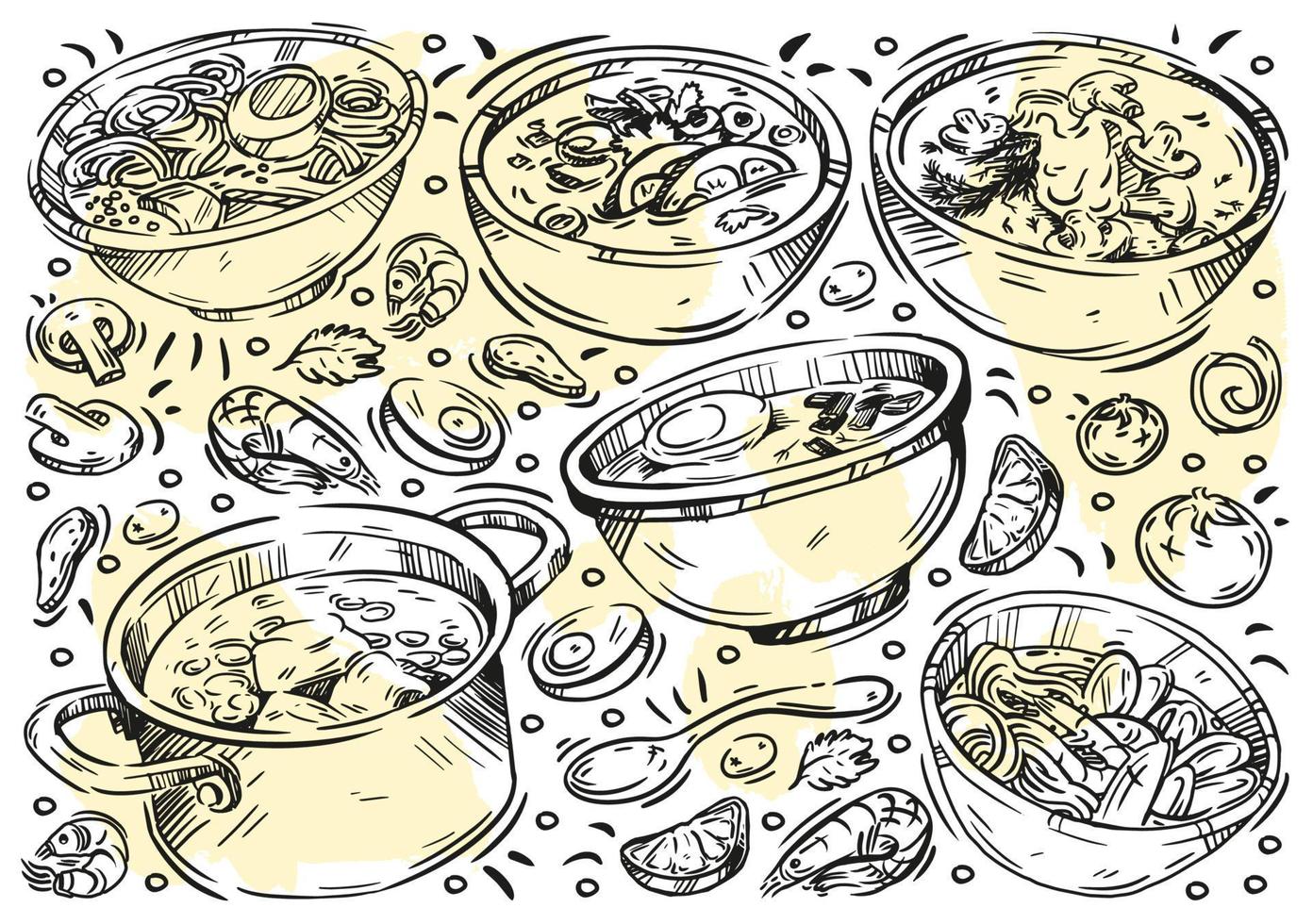 Hand drawn line vector illustration food. Doodle types of soup, cuisines of different countries, cream soup, mushroom soup, seafood soup, ramen, hodgepodge, ingredients