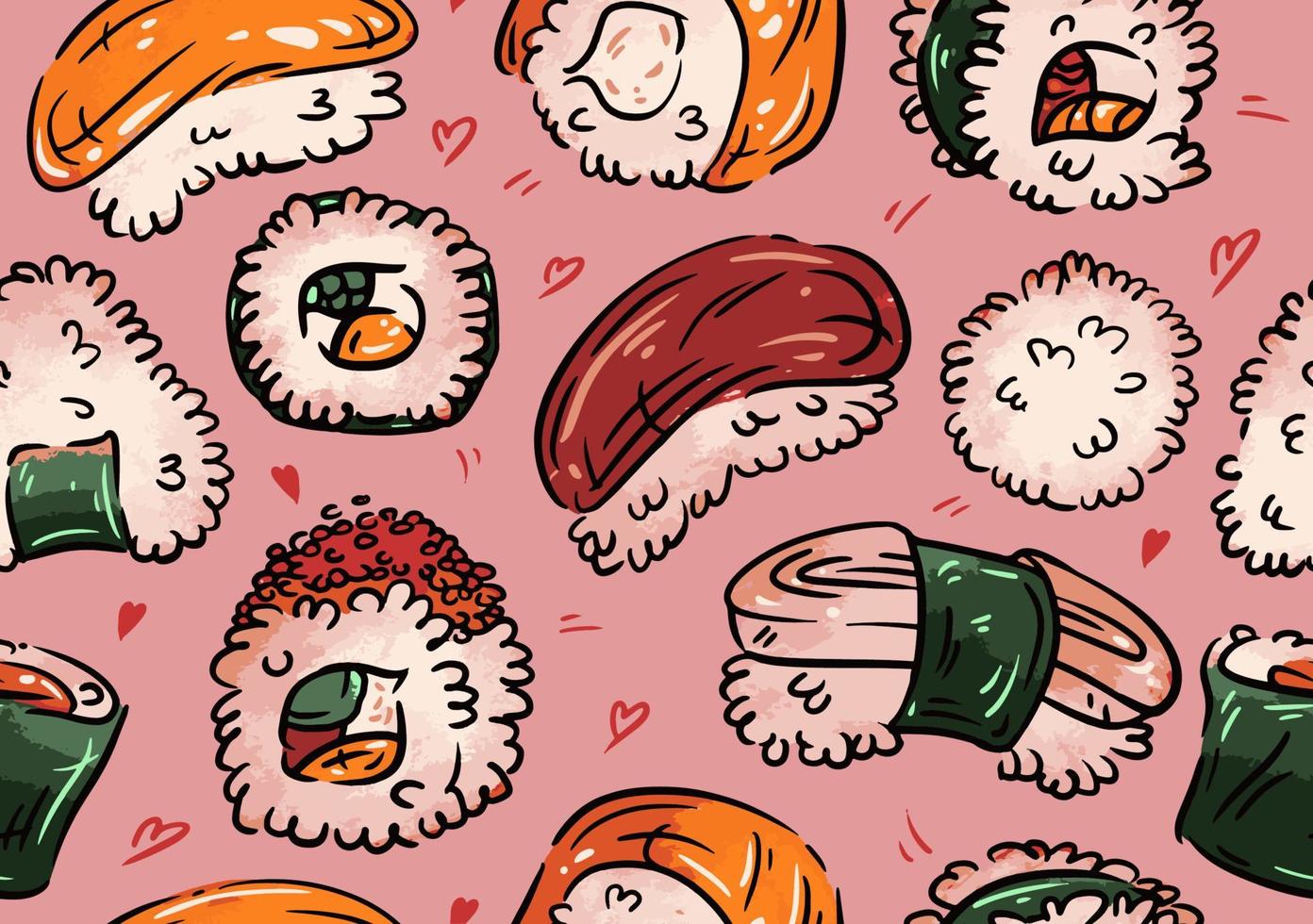 dibujado a mano varios sushi, nigiri, gunkan, onigiri, mariscos. patrón transparente de vector de color. fondo rosa comida japonesa, coreana, asiática. arroz, pescado, caviar.