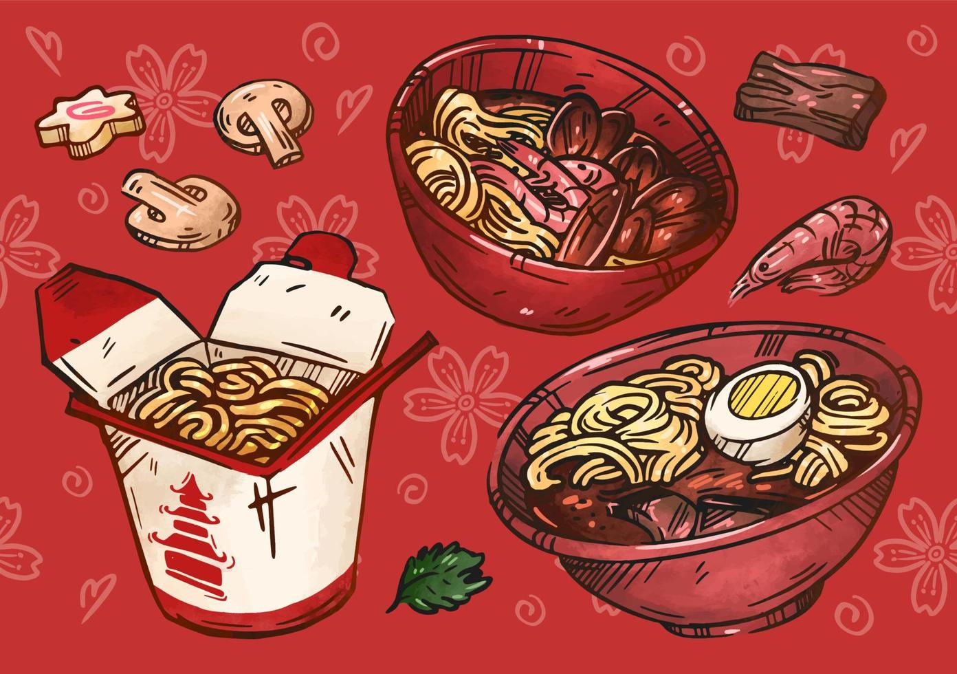 ilustración de la cocina asiática. boceto dibujado a mano. fideos, ramen, pad thai. comida callejera japonesa, china, coreana, tailandesa, diseño de menú. conjunto de colores vectoriales vector