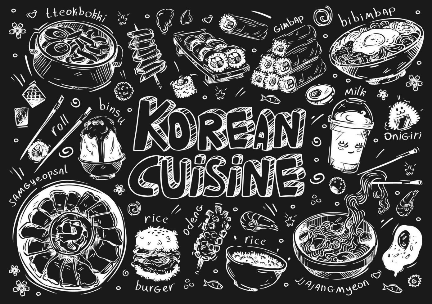 comida de ilustración vectorial dibujada a mano. doodle cocina de corea, rollos, samgyeopsal, carne, hamburguesa de arroz, desierto binsu, tteokbokki, gimbap, bibimbap, tallarines, jjajangmyeon, onigiri, leche vector