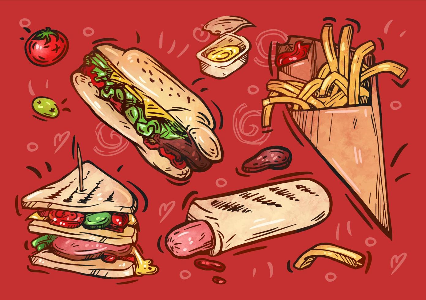 ilustración de comida rápida. boceto dibujado a mano. hot dog francés, papas fritas, sándwich, salsa. recogida de comida callejera, diseño de menú para llevar. conjunto de colores de garabatos vectoriales vector