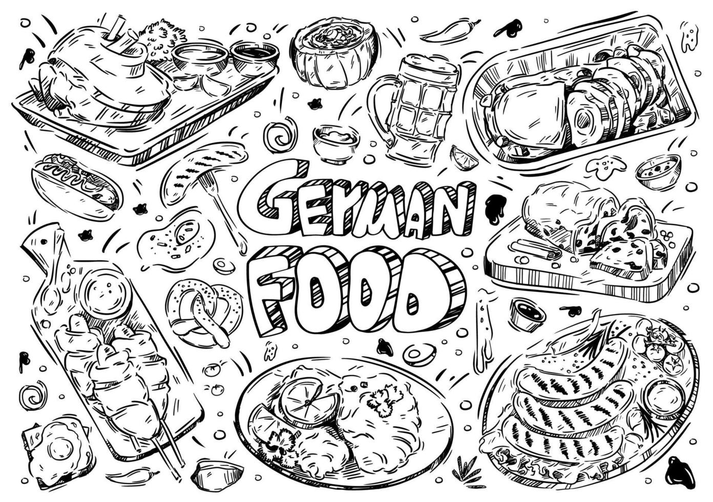 Hand drawn vector illustration. Doodle German food, wurst, kartoffelpuffer, brezel, schnitzel, strudel, beer, hot dog, knuckle, eintopf soup, egg, falscher hase, stollen