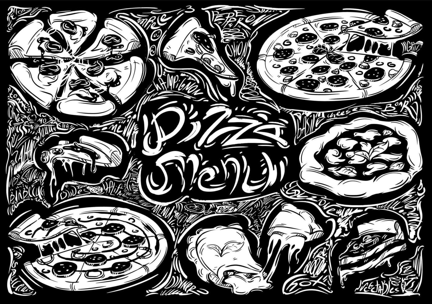 Vector design food with graphic illustrations of pizza on the black background. Vintage elements, words, letters