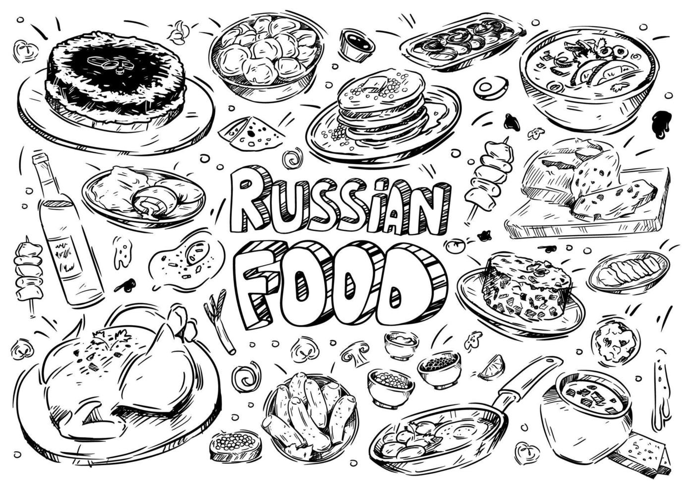 Hand drawn vector illustration. Doodle Russian food, borscht, soup, olivier salad