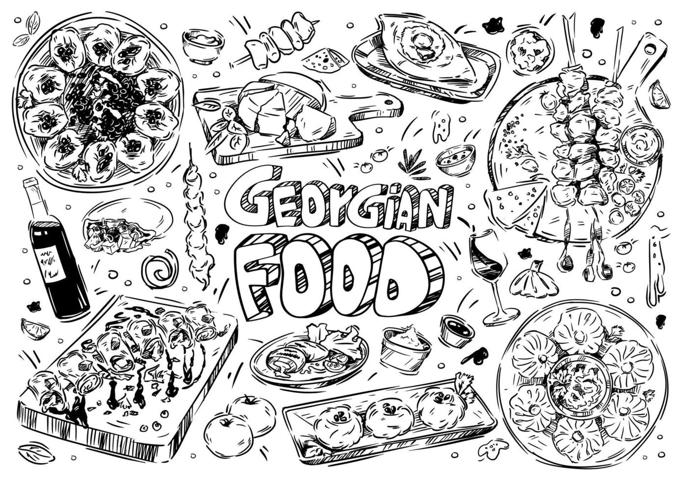 Hand drawn vector illustration. Doodle Georgian food, khachapuri adjaruli, churchkhela, khinkali, mtsvadi, pkhali, saperavi, wine, garnet, walnut paste, sulguni, kubdari