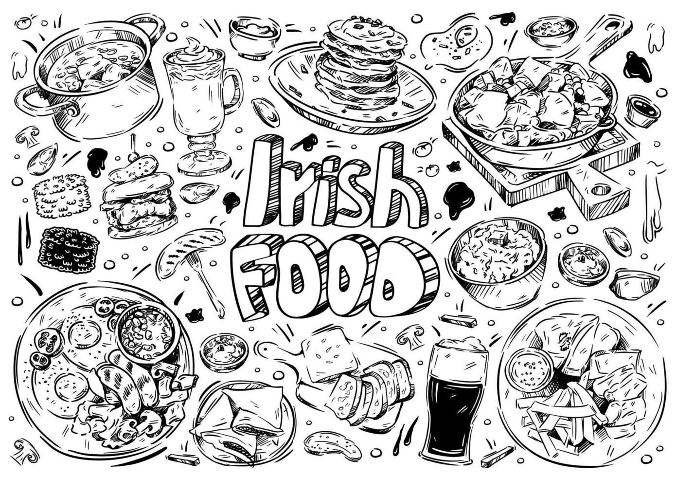 ilustración vectorial dibujada a mano. garabatear comida irlandesa, colcannon, papas, boxty, carne de res dexter, carne a la parrilla, wurst, cerveza, café, tocino, un pan vector