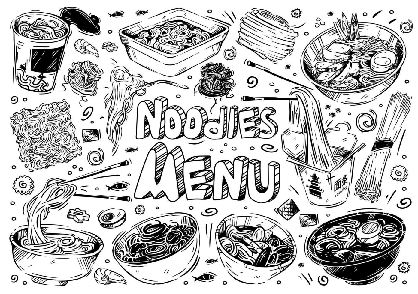 Hand-drawn sketches of food. Vector illustration. Doodle types of noodles, udon, soba, funchose, wok