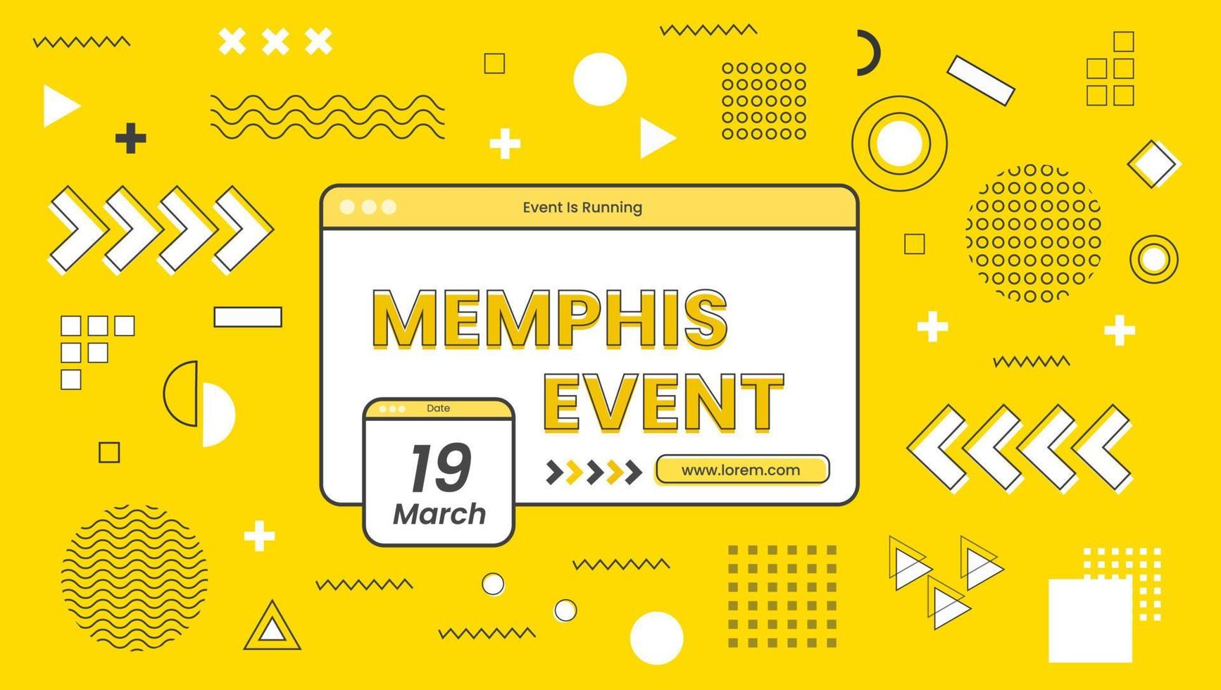 diseño de banner de evento de memphis con una variedad de elementos geométricos modernos amarillos y negros. diseño de plantilla de memphis, diseño de banner, diseño de póster de evento de memphis de fondo con muchos eps de estilo de activos de memphis vector