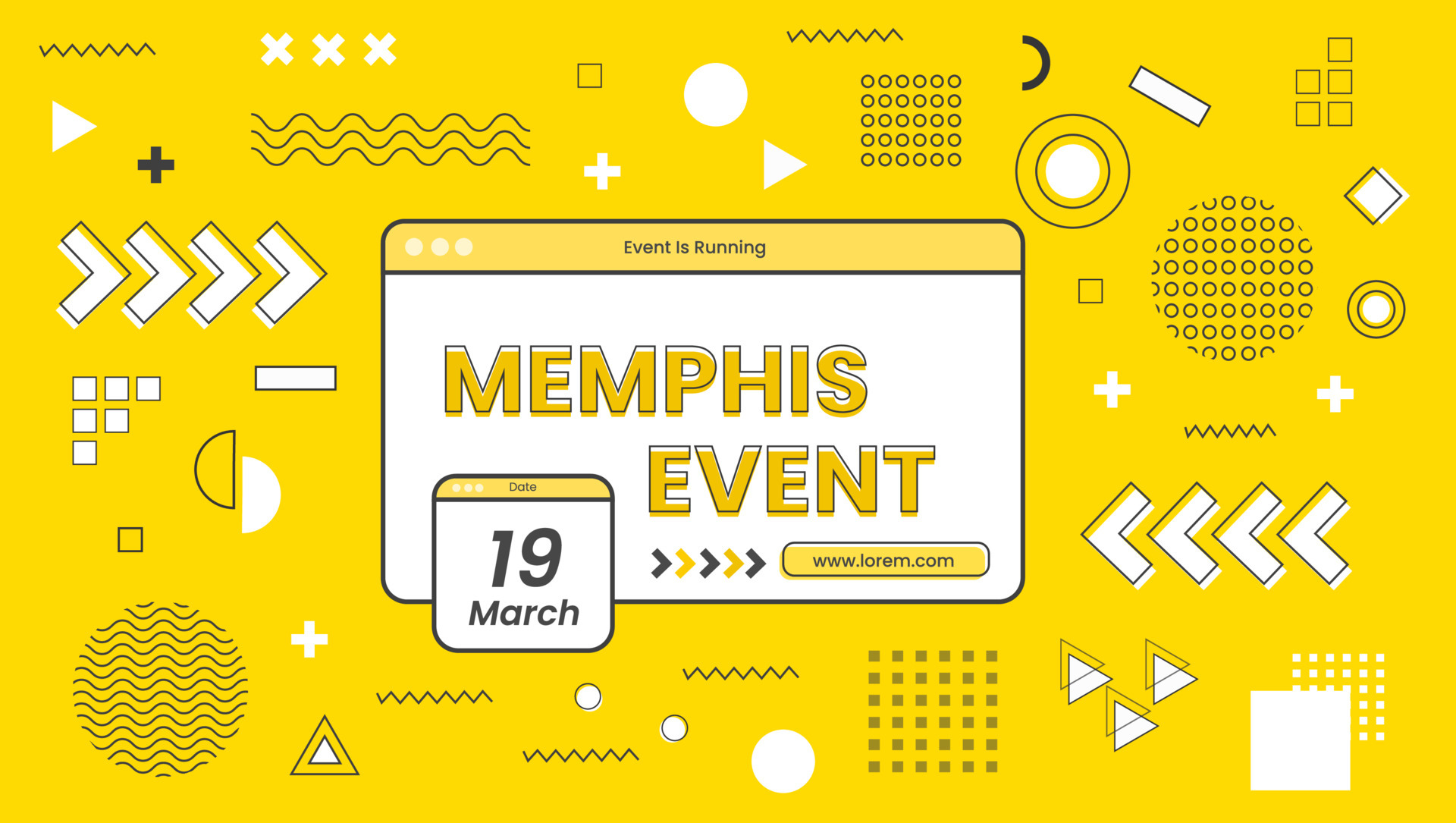 Memphis event banner design with assorted yellow and black modern